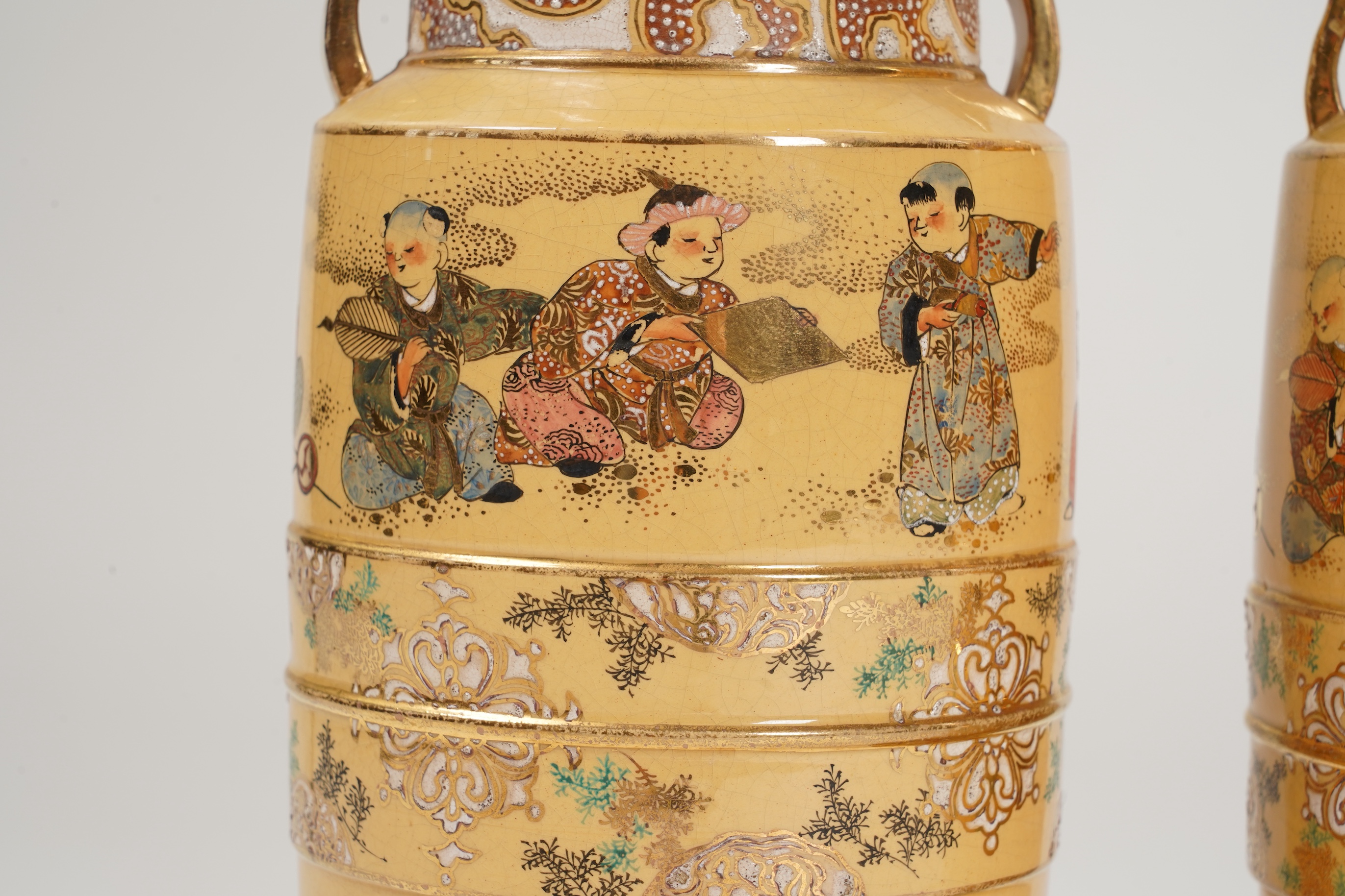 A rare pair of Japanese Satsuma lustre glazed vases, signed Fukumara, Meiji period